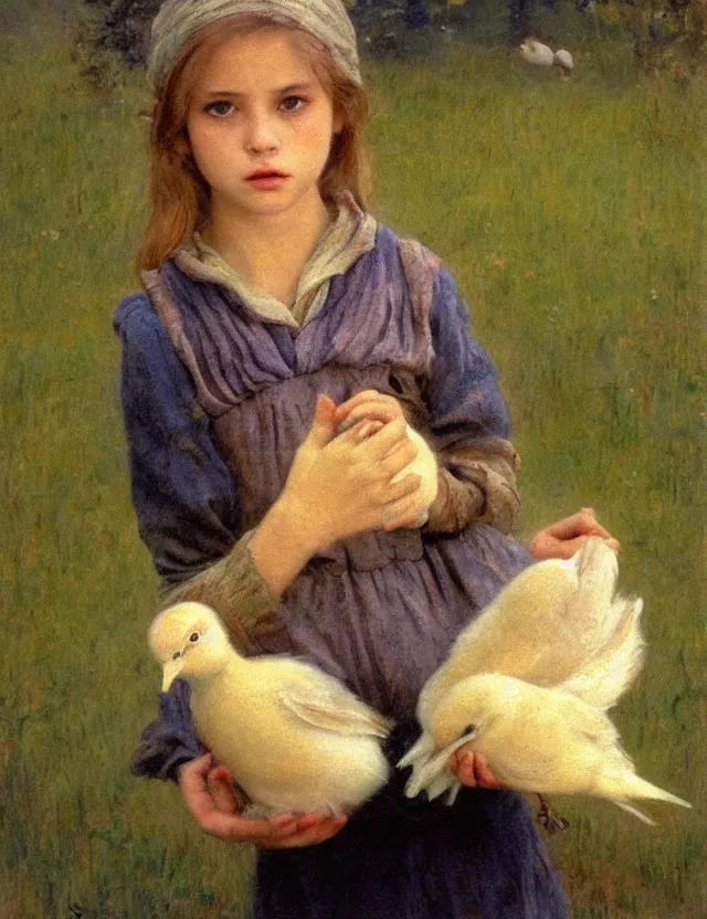 Image similar to portrait of little peasant girl holding chick in her hands, cottage core, cinematic focus, polaroid photo bleached vintage pastel colors high - key lighting, soft lights, foggy, by steve hanks, by lisa yuskavage, by serov valentin, by tarkovsky, 8 detailed, oil on canvas