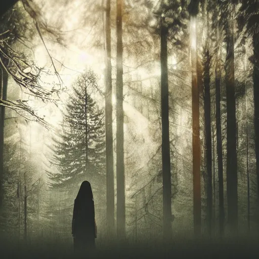 Image similar to woman in forest, double exposure photography, photorealistic, twilight, fog, haunted