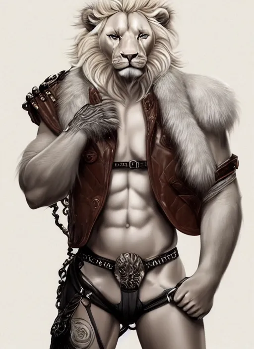 Prompt: aesthetic portrait commission of a of a male fully furry muscular anthro albino lion wearing attractive leather harness and shorts with a tail and a beautiful attractive hyperdetailed face r, safe for work (SFW). Character design by charlie bowater, ross tran, artgerm, detailed, inked, award winning film poster painting