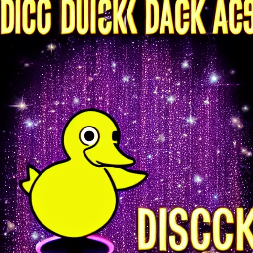 Image similar to the disco duck returns concert poster featuring the disco duck in his sparkling disco clothes.