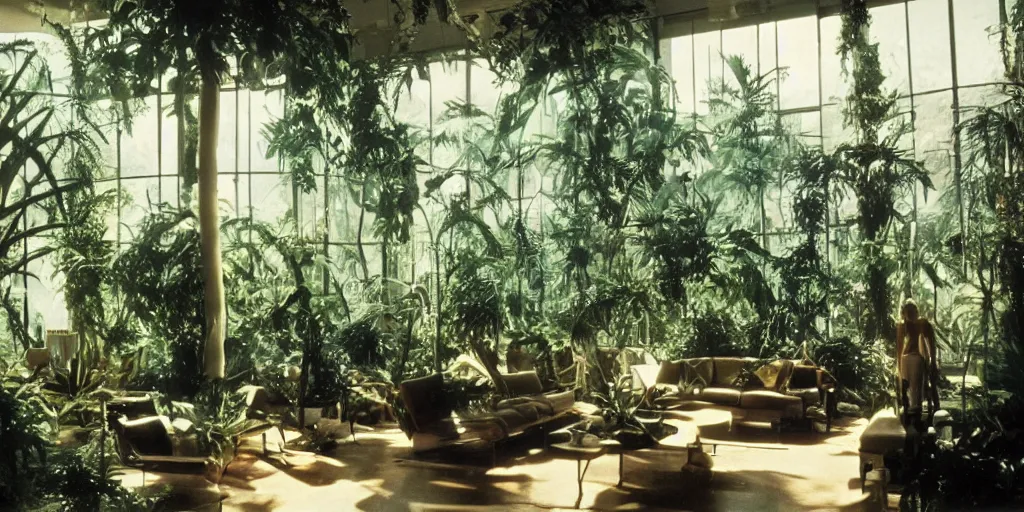 Prompt: film still of the inside of a luxury apartment, 1 9 8 0 s sci - fi, beautiful large windows showing a massive lush jungle outside, jellyfish flying in the air outside, ridley scott, screenshot from a movie,