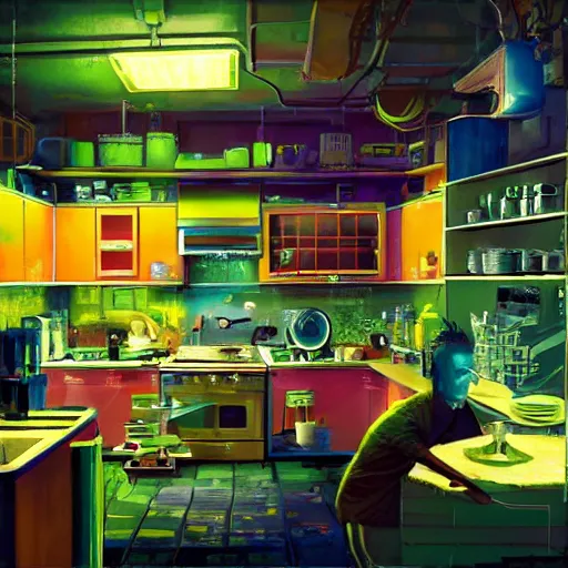 Image similar to IKEA catalogue photo of a cyberpunk kitchen, by Paul Lehr