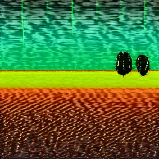 Prompt: Glitchy painting of a field with trees in it, vertical glitch lines, glitch art