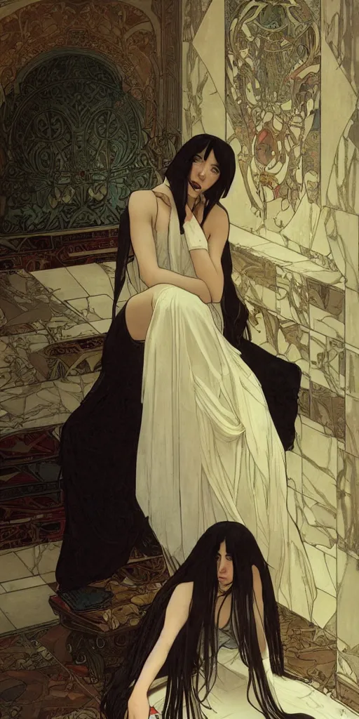 Prompt: a lonely young girl with straight long black hair wearing black dress that sitting on bathroom floor, art by artgem, greg rutkowski and alphonse mucha