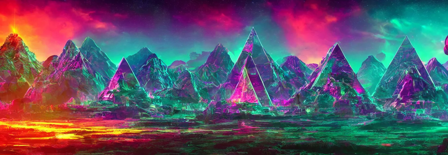 Image similar to Ultra High Definition, Synthwave desktop wallpaper, 8k, ultrawide, sharp focus, accurate and detailed, shamanic alien pyramids