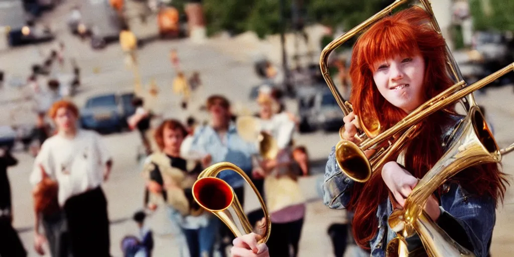 Image similar to a fiery redhead teen plays the trombone in the streets of a kansas city in 1990