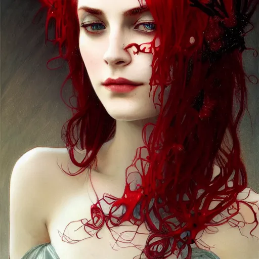 Prompt: portrait of beautiful vampire, rose thorn crown, thorns everywhere, headshot, pale skin, 4k, rule of thirds, extreme detail, detailed drawing, trending artstation, hd, fantasy, D&D, realistic lighting, by Alphonse Mucha, Greg Rutkowski, sharp focus, backlit, bright red hair, extremely detailed eyes, relistic