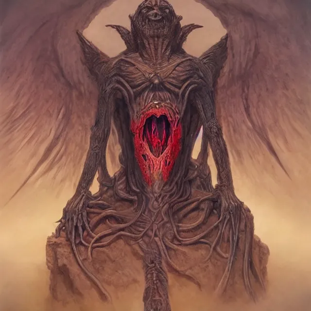 Image similar to concept art of a impossible big demonic eldritch angel with mismatched animal features with its bloody mouth open wide revealing past victims in the style of zdzisław beksinski in the style of h. r. giger trending on artstation deviantart pinterest furaffinity detailed realistic hd 8 k high resolution