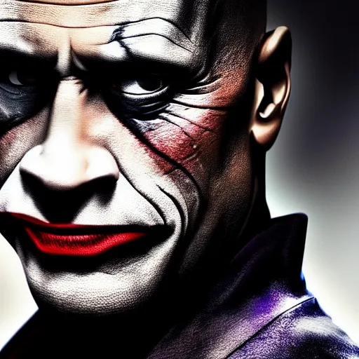 Image similar to dwayne johnson as the joker, cinematic, studio photography, high detail, ultra high detail, 4 k, hdr, 8 k