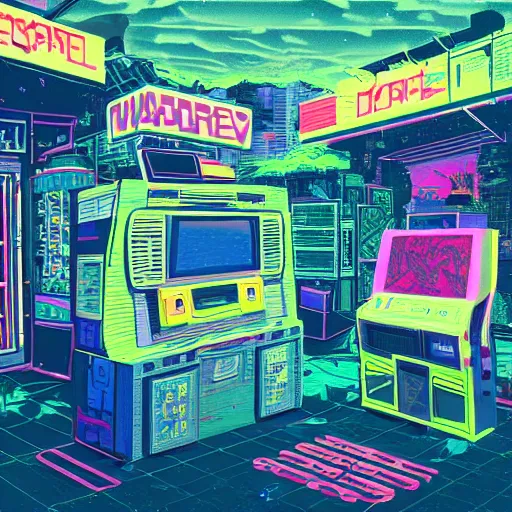 Image similar to a painting of an abandoned video game system, vaporwave arcade, weeds, cyberpunk art by Chris LaBrooy and james gurney, behance contest winner, auto-destructive art, dystopian art, apocalypse landscape, apocalypse art