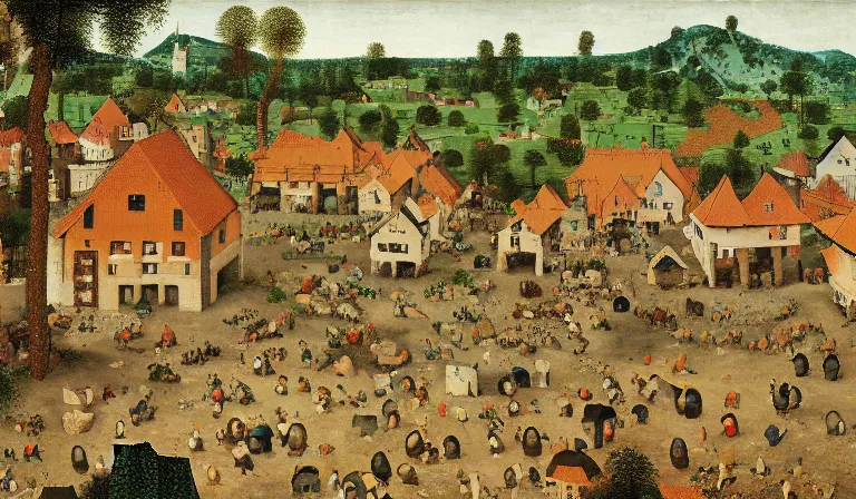 Prompt: a minecraft village, by pieter bruegel the elder