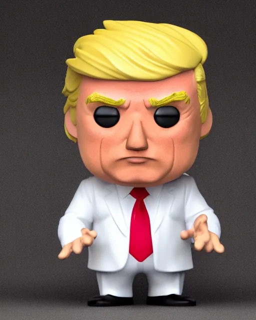 Prompt: full body 3d render of funko pop donald trump as a funko pop, studio lighting, white background, blender, trending on artstation, 8k, highly detailed