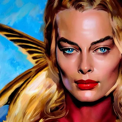 Image similar to ultra realistic portrait painting of margot robbie with beautiful extravagant wings in x - men, art by frank frazetta, 4 k, ultra realistic, highly detailed, epic lighting.