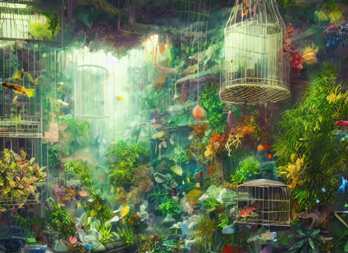 Image similar to messy cozy store with cluttered hanging cages and bright aquariums, dense verdant foliage, dim painterly lighting volumetric aquatics, impasto, trending on pixiv