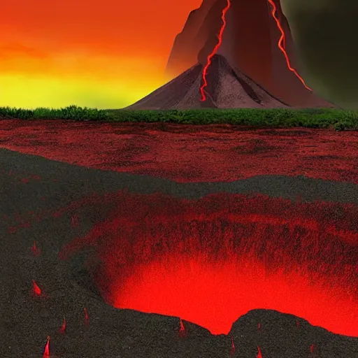 Image similar to a red sky and molten ground landscape, easter island heads are sinking in to the ground crumbling and seems to be fighting a storm or volcano, digital art