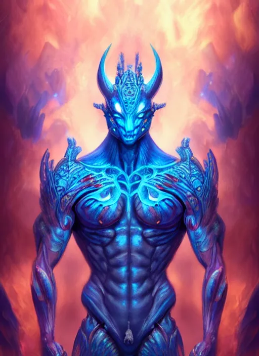 Image similar to muscular and tall blue ghostly fire humanoid dragon!!!! draconian!! intricate ornate iridescent exoesqueleton!! character concept art, sharp focus, octane render! unreal engine 5! highly rendered!! trending on artstation!! detailed linework!! illustration by artgerm, wlop, and chie yoshii