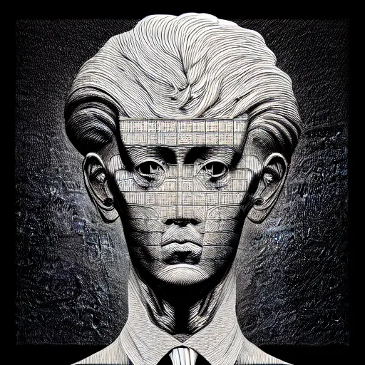 Image similar to grainy spray effect super conceptual figurative post - morden monumental portrait made by escher and piranesi, highly conceptual figurative art, intricate detailed illustration, illustration sharp geometrical detail, vector sharp graphic, controversial, manga 1 9 9 0