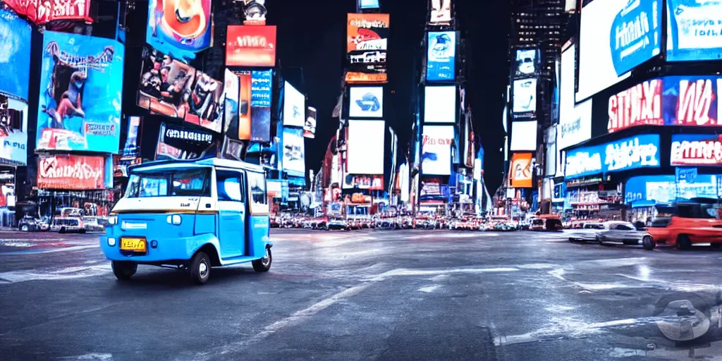 Prompt: a blue and white tuk tuk in Times Square at night, highly detailed, hazy, cloudy, intense neon lighting, matte painting, concept art, 4k