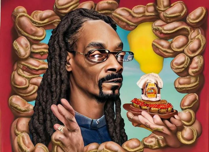 Prompt: snoop dogg inside made of hot dog, lowbrow, matte painting, 3 - d highly detailed, in the style of mark ryden,