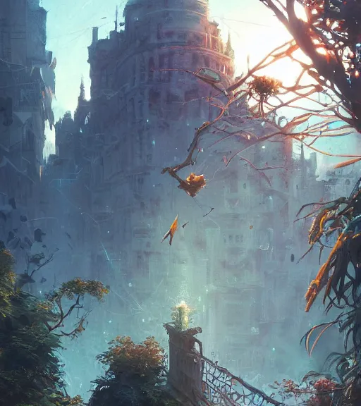 Image similar to highly detailed graffiti of spiderweb, stephen bliss, unreal engine, fantasy art by greg rutkowski, loish, rhads, ferdinand knab, makoto shinkai and lois van baarle, ilya kuvshinov, rossdraws, tom bagshaw, reflective global illumination, god rays, detailed and intricate environment