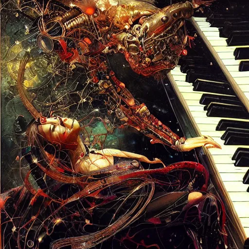 Prompt: realistic detailed image of a cyborg playing a classical piano by Ayami Kojima, Amano, Karol Bak, Greg Hildebrandt, and Mark Brooks, Neo-Gothic, gothic, rich deep colors. Beksinski painting, part by Adrian Ghenie and Gerhard Richter. art by Takato Yamamoto. masterpiece