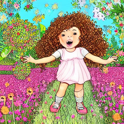 Prompt: a little girl with curly brown hair running through a field of flowers, highly detailed very beautiful fun cute children's book illustration