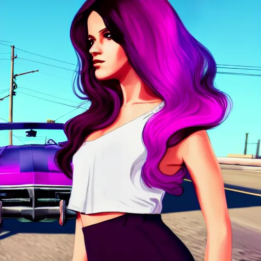 Image similar to a stunning GTA V loading screen with a beautiful woman with ombre hairstyle in purple and pink blowing in the wind leaning on a car, digital art, trending on artstation