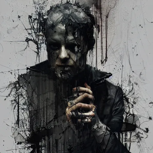 Image similar to a man stealing energy from another man by emil melmoth zdzislaw belsinki craig mullins yoji shinkawa realistic render ominous detailed photo atmospheric by jeremy mann francis bacon and agnes cecile ink drips paint smears digital glitches glitchart