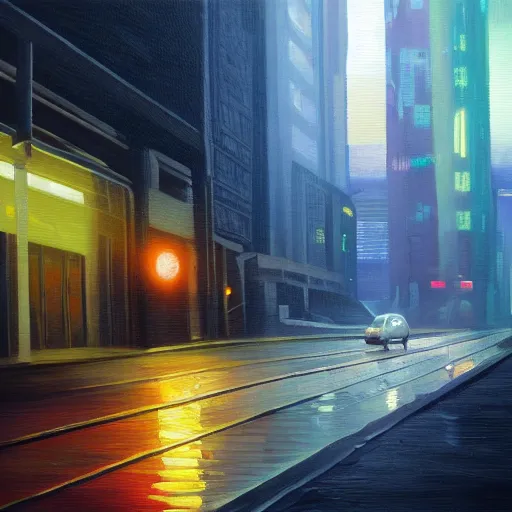 Image similar to car light far away on the cyberpunk street, future, old oil painting