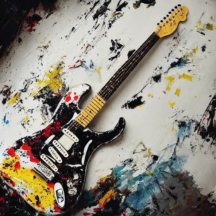 Prompt: “Fender Stratocaster painted by Jackson Pollock on a clean white table.”