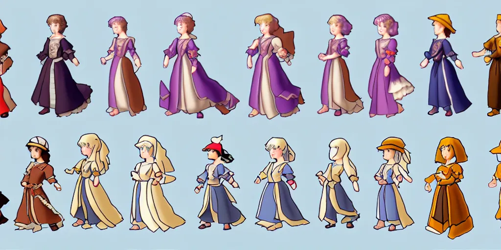 Image similar to walking animation sprite sheet of a girl in a renaissance dress, walking to the right, each sprite is a different frame of the animation, in the style of pokemon games