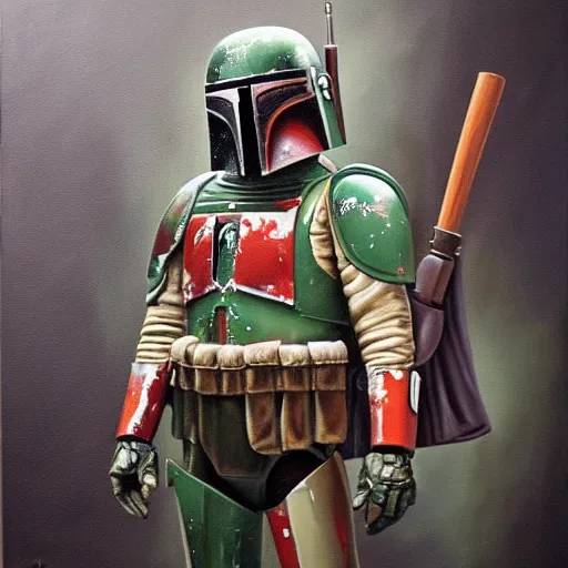 Prompt: A Hyperdetailed Award Winning Masterpiece Oil Painting of Boba Fett, 8K