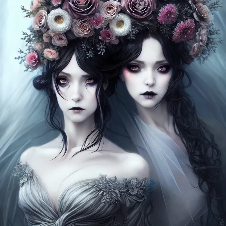 Image similar to stunning anime bride and groom hybrid of the floral river flowers, beautiful gothic dress in a dark romance, misty, by cgsociety, in the style of charlie bowater, tom bagshaw, intricate, beautiful, artstation 8 k, high resolutionsparkling atom fractals of jewls cords, by alex grey and hr giger