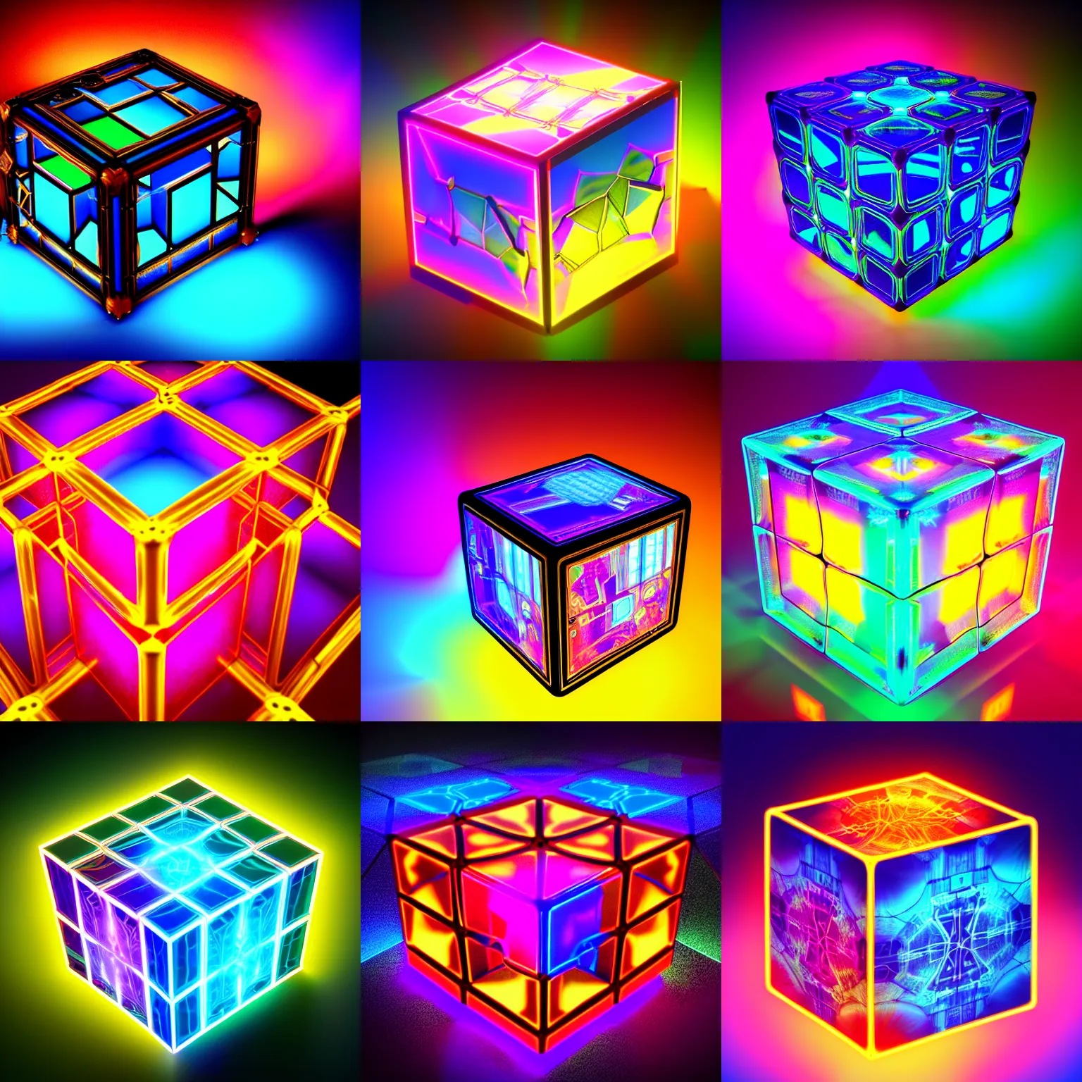 Image similar to a steampunk cube inside a hypercube consisting of fractals shiny luminescence neocube nanostructure neon colorful detalized lines, background mirror lake in magical colorful fog, octane render, hyper realistic, ultra realistic