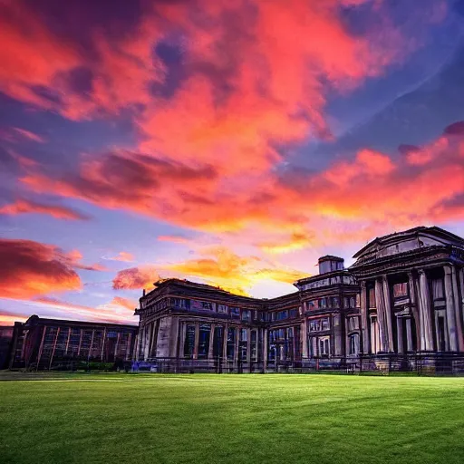 Prompt: university of Leeds, impressionist painting, weed leaves as clouds in sky, dramatic sunset lighting