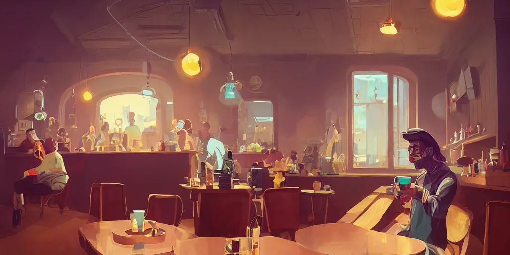 Image similar to a wizard sips his coffee and draws stares from onlookers at a busy coffee shop, wide angle, digital art by beeple and RHADS, award winning, artstation, unreal render,