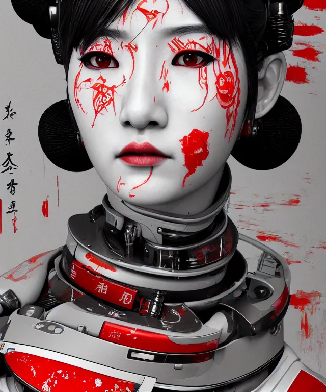 Image similar to an epic fantastic realism comic book style portrait painting of a japanese robotic geisha with kanji tattoos and decals, apex legends, octane render, intricate detail, 4 k hd, unreal engine 5, ex machina, irobot