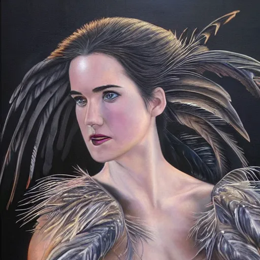 Prompt: detailed realistic oil painting youthful young jennifer connelly with black feathers instead of hair, dark fae, black lips, gray mottled skin, feathers growing out of skin, feathers growing from arms, black hands with long black claws, pale and sickly, profile view, full body, gothic, - - ar 9 : 1 6