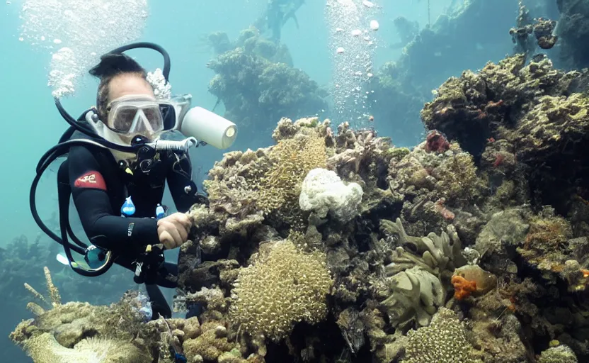 Prompt: a scuba diver finding the remnants of the international space station