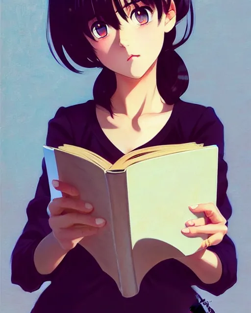 Image similar to cute girl reading a book. | very very anime!!!, fine - face, audrey plaza, realistic shaded perfect face, fine details. anime. very strong realistic shaded lighting poster by ilya kuvshinov katsuhiro otomo ghost, magali villeneuve, artgerm, jeremy lipkin and michael garmash and rob rey