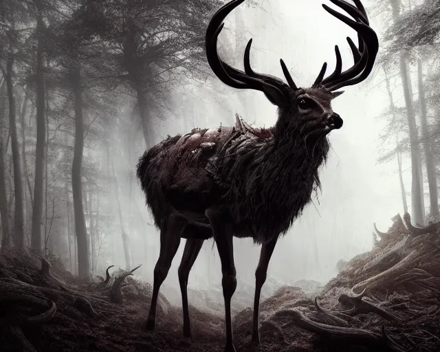 Image similar to 5 5 mm portrait photo of an armored demonic undead deer with antlers, in a magical forest looking at the camera. dark atmosphere. art by greg rutkowski and luis royo. highly detailed 8 k. intricate. lifelike. soft light. nikon d 8 5 0.