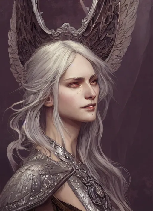 Prompt: Aasimar Paladin with shaggy silver hair, brown scruffy beard, angel wings, epic, striking, fantasy, intricate, elegant, highly detailed, digital painting, artstation, concept art, smooth, sharp focus, illustration, art by Krenz Cushart and Artem Demura and alphonse mucha