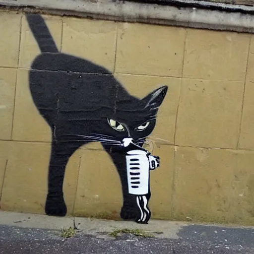 Image similar to Street art of an alcoholic cat who drink wine, by banksy