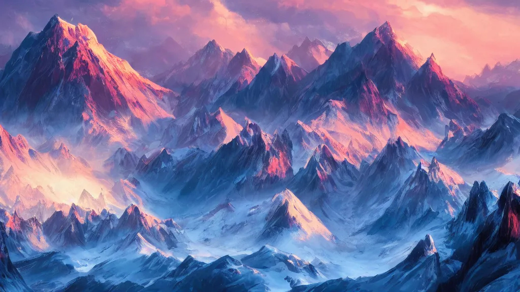 Image similar to mountain range, cold colors, winter, fantasy artwork, award winning, very very very very very very very beautiful scenery, hd, 4k, cinematic wallpaper, trending on artstation