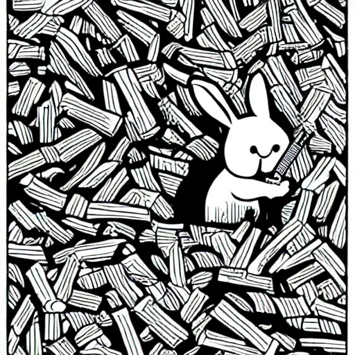 Prompt: black - and - white line art illustration of a rabbit deep in a tangled forest, smoking a cigarette