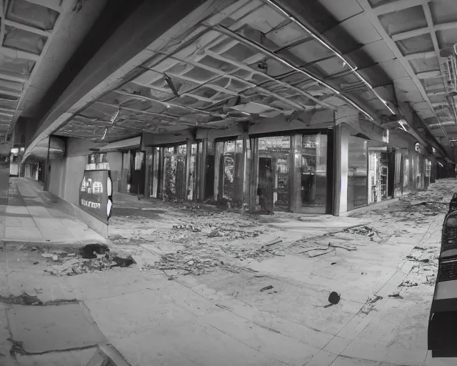 Image similar to camera footage of a Darpa Robot hunting people in an abandoned shopping mall, high exposure, dark, monochrome, camera, grainy, CCTV, security camera footage, timestamp, zoomed in, fish-eye lense, Robot, Drone, Intense, Darpa,