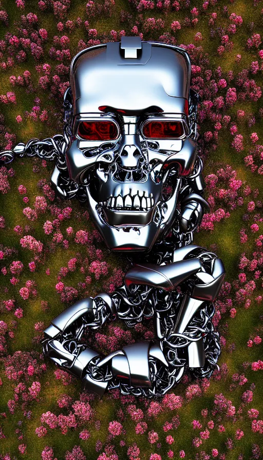 Image similar to destroyed terminator lying in a field of flowers, twisted metal, chrome, reflections, anthropomorphic, photorealism, smoke, metal, 8 k, surreal, wires, smooth, sharp focus, top view, extremely detailed, hyperrealism, elegant, establishing shot, by jeff koons, artgerm and greg rutkowski