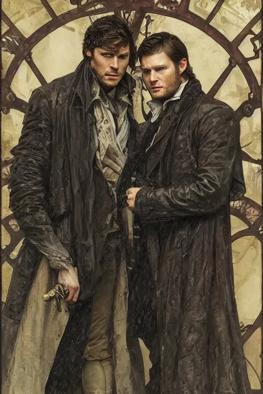 Prompt: a detailed matte portrait of jensen ackles and jared padalecki in a supernatural sherlock holmes story, 1 8 th century london in the rain, city streets, ominous, masterpiece, 8 k, art by alphonse mucha and greg rutkowski