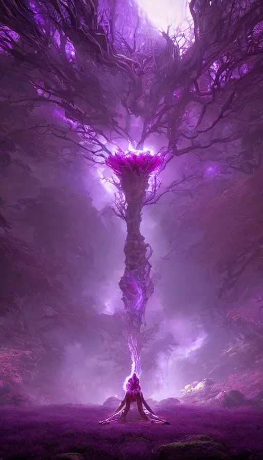 Prompt: a future scifi ancient god on the middle of a purple forest holding a portal that's about to explode, sweat drops, insane, intricate, highly detailed, oil painting, smooth, sharp focus, Unreal Engine 5, 8K, art by Diego Velázquez