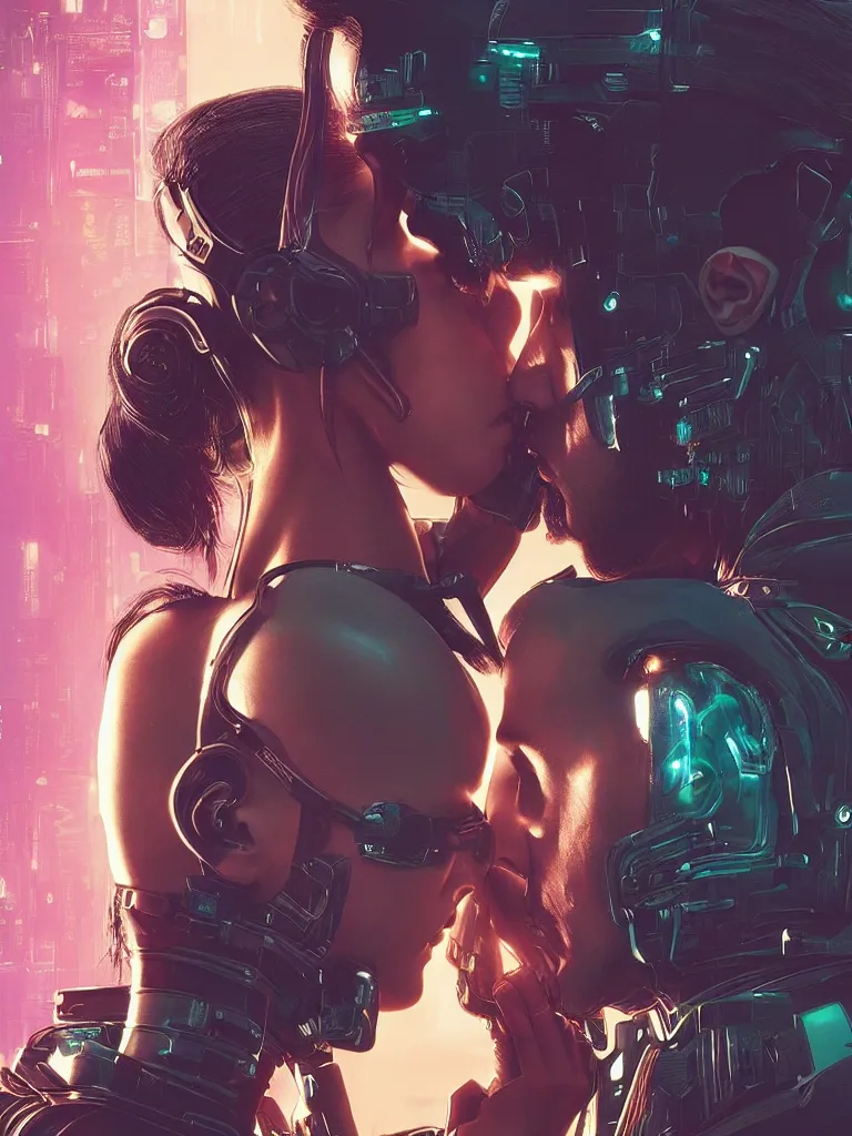 Image similar to a cyberpunk 2077 couple portrait of Keanu Reeves&female android in final kiss,love,film lighting,by Laurie Greasley,Lawrence Alma-Tadema,Dan Mumford,artstation,deviantart,FAN ART,full of color,Digital painting,face enhance,highly detailed,8K,octane,golden ratio,cinematic lighting